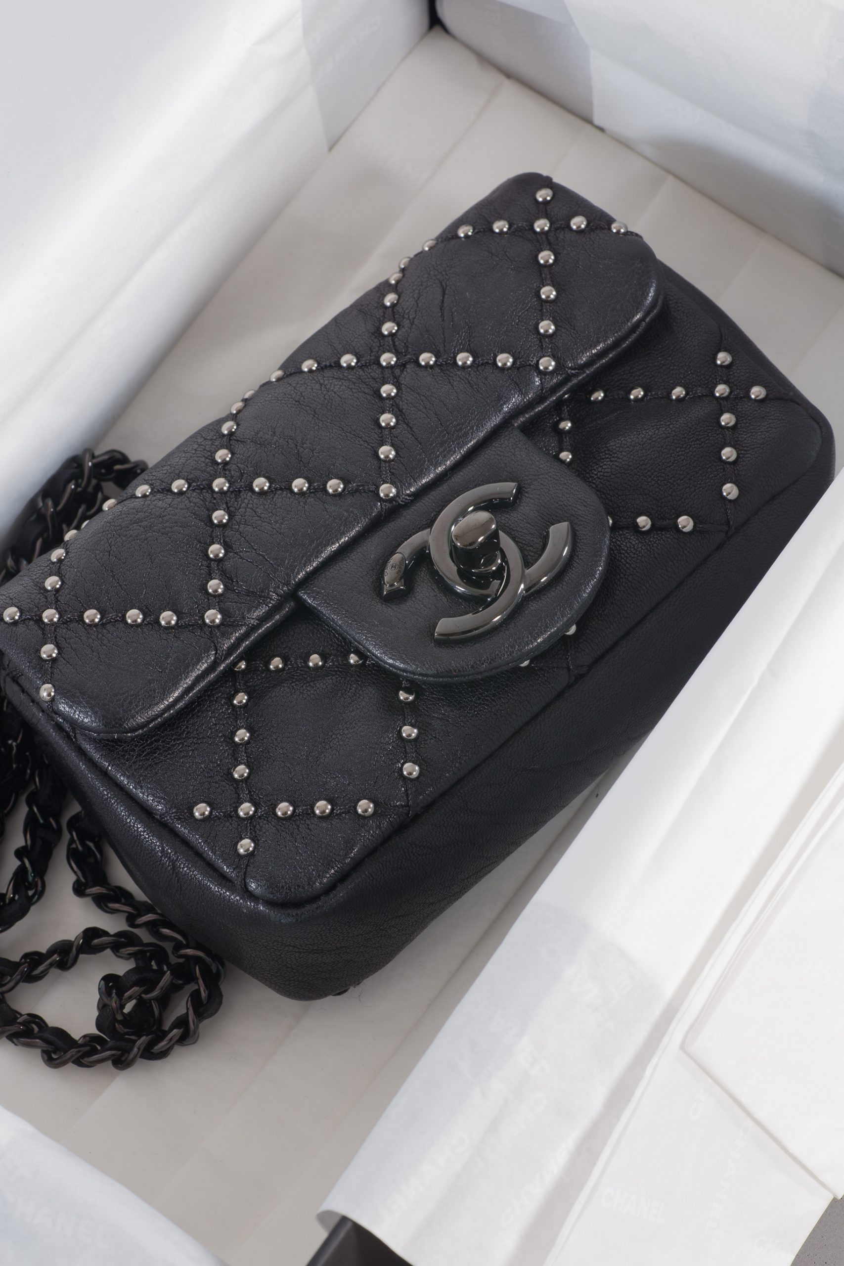 Chanel Classic Flap So Studded Mini Dallas Black Leather Cross Body Bag