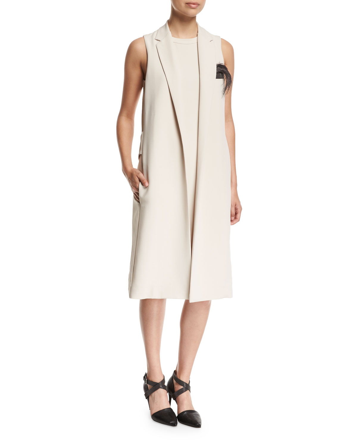 Brunello Cucinelli Feather-trimmed monili embellished silk crepe vest dress