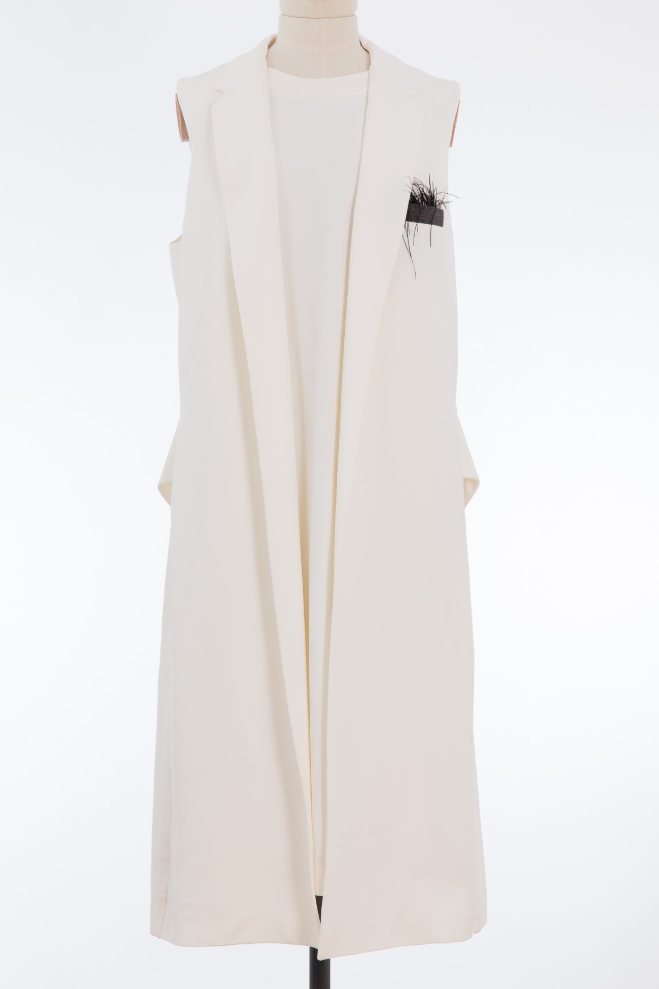 Brunello Cucinelli Feather-trimmed monili embellished silk crepe vest dress