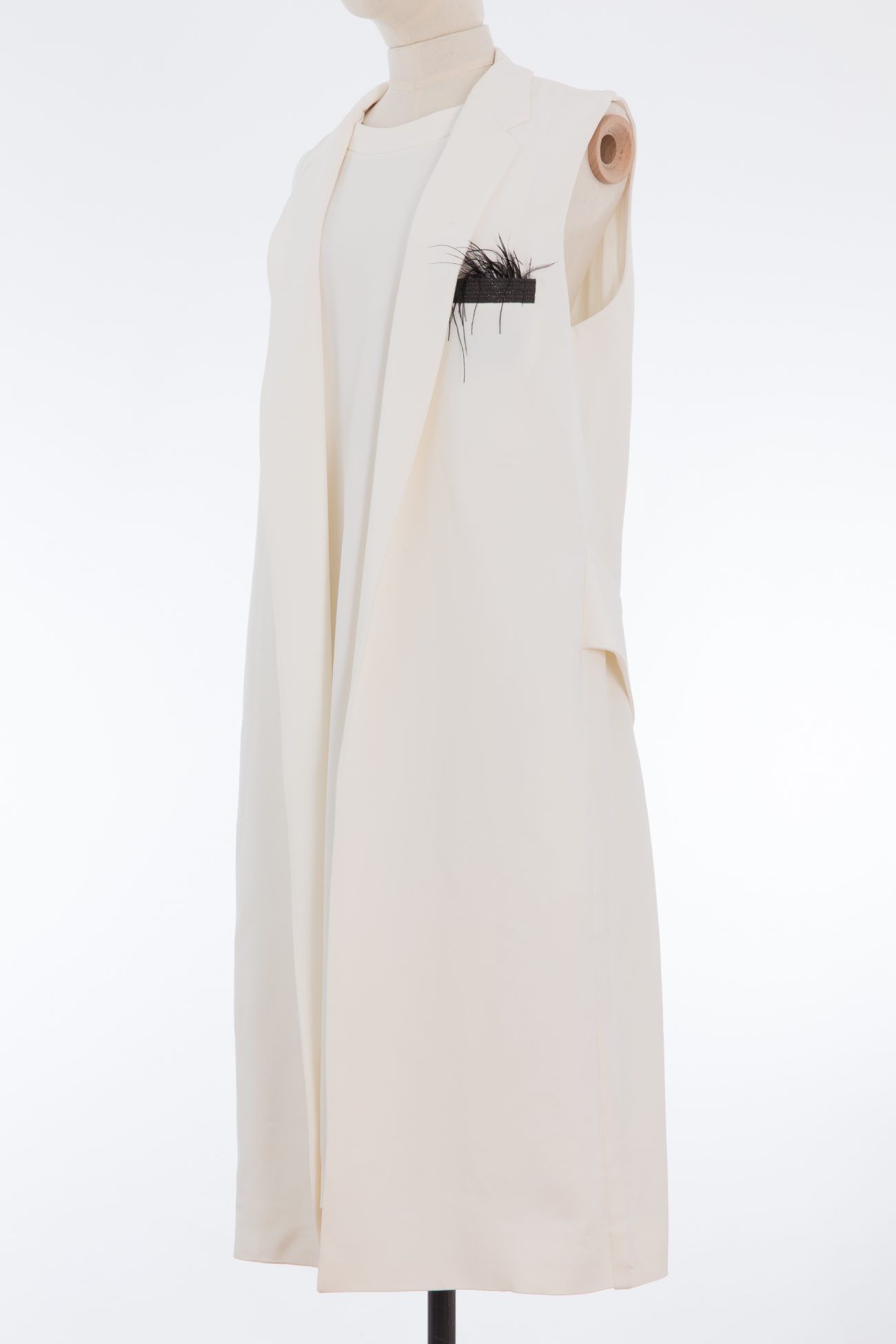 Brunello Cucinelli Feather-trimmed monili embellished silk crepe vest dress