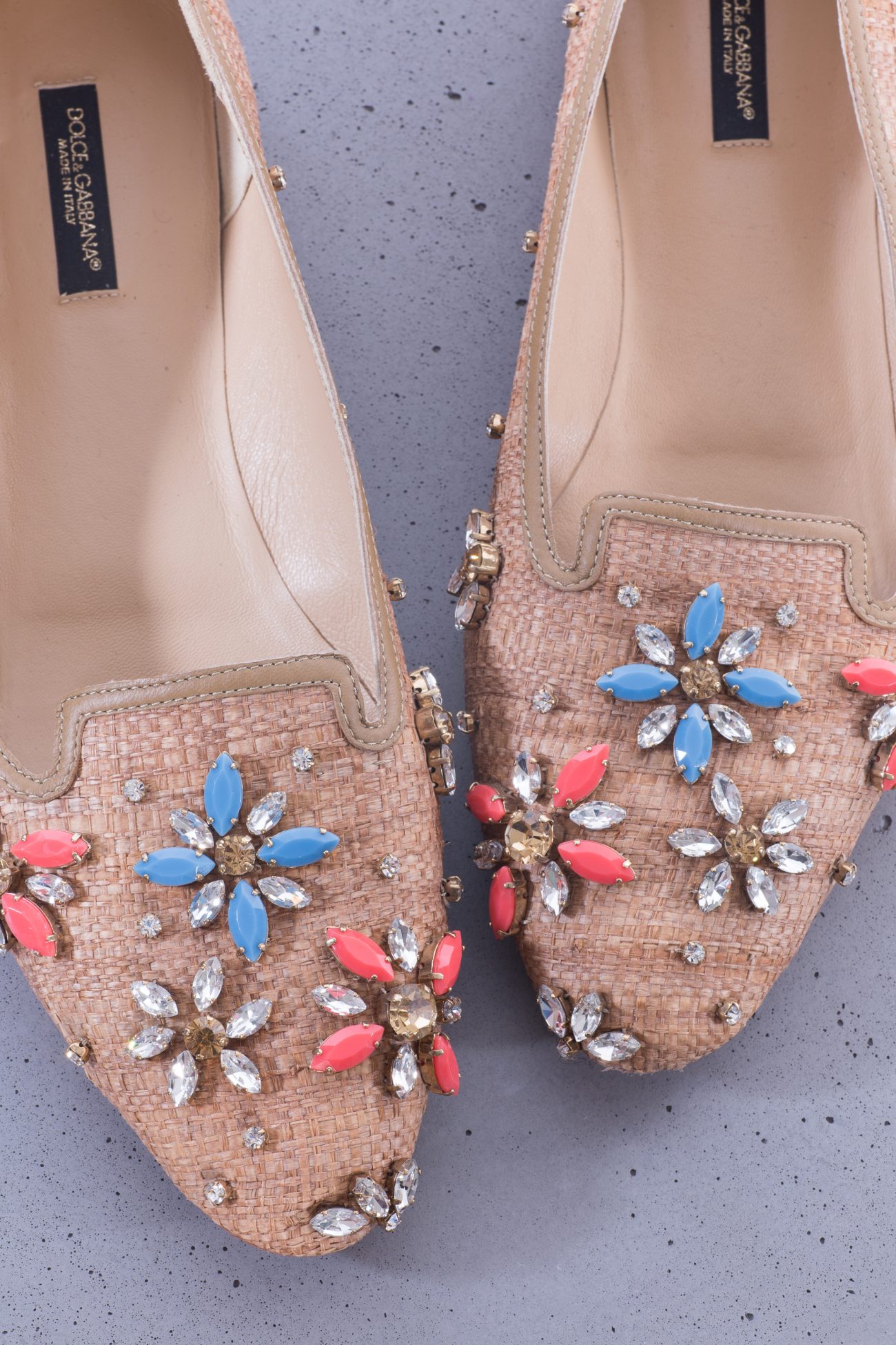 Dolce&Gabbana Beige raffia slipper flats with flower embellishments