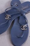 Chanel Blue Marine CC Crystal Embellished T Strap Flat Thong Sandals 