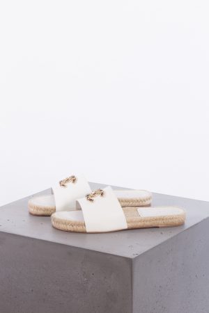 Chanel White Leather Embellished CC Flat Espadrille