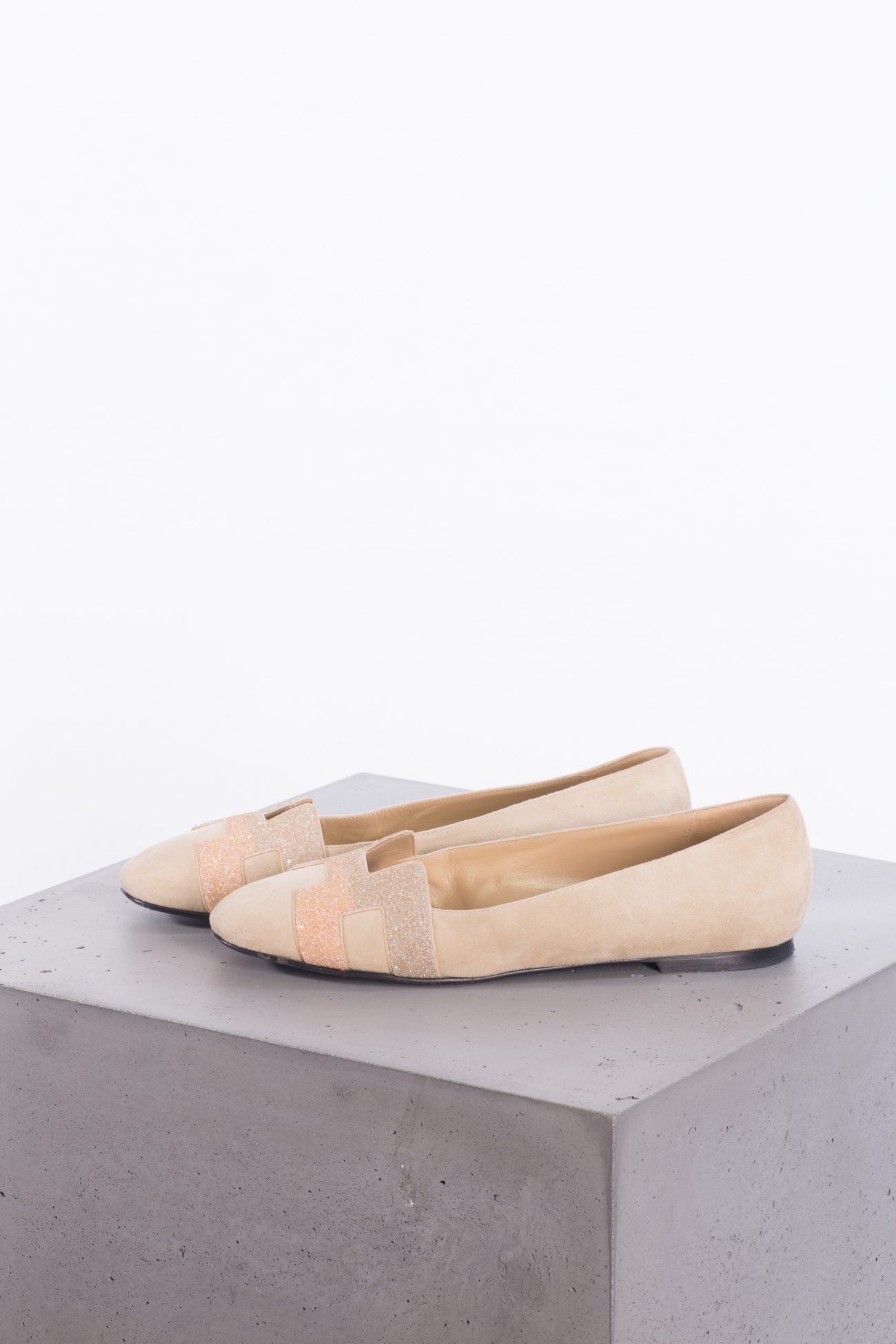 Hermes Beige Suede And Crystal Powder Nice Ballet Flats