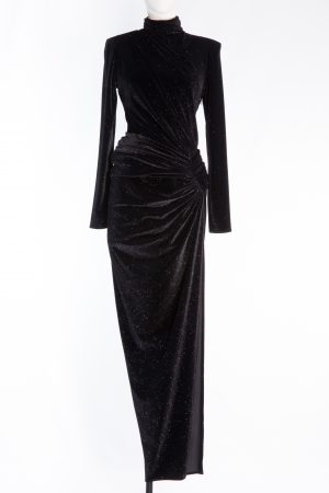 Alexandre Vauthier Ruched Crystal-embellished Stretch-velvet Turtleneck Gown in Black