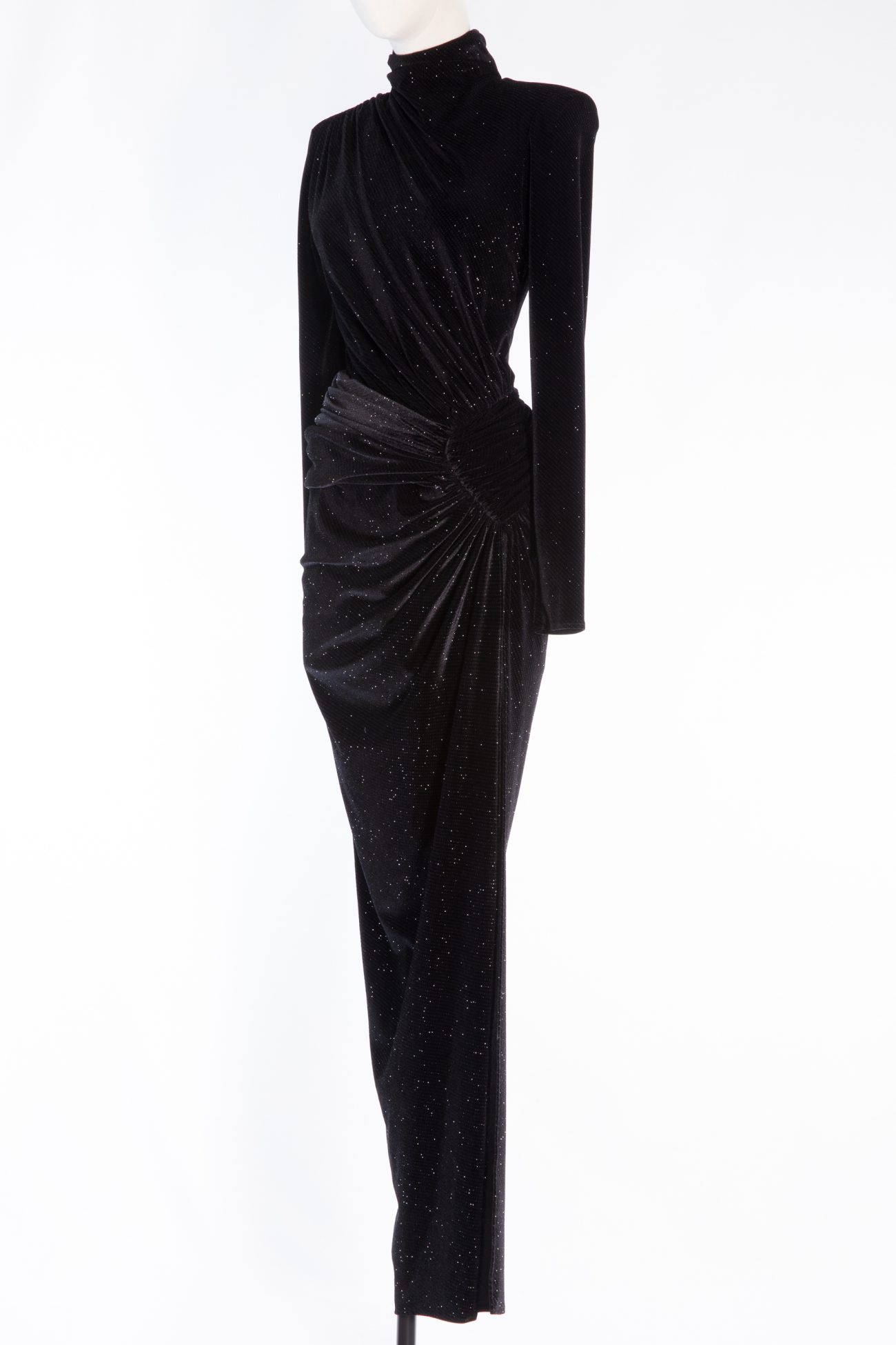 Alexandre Vauthier Ruched Crystal-embellished Stretch-velvet Turtleneck Gown in Black