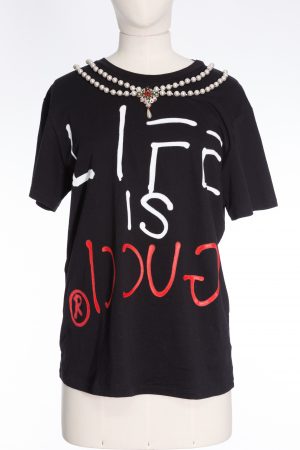 Gucci Life is Gucci pearls & crystals embellished black cotton t-shirt