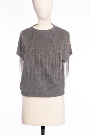 Brunello Cucinelli Cashmere sleeveless top with monili hanging swing beaded fringe