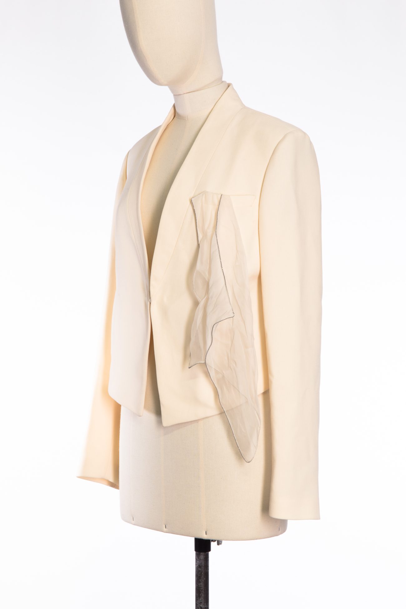 Brunello Cucinelli Cream wool crepe asymmetric hem cropped blazer
