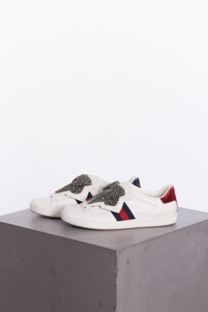 Gucci White ace removable crystal bow sneakers