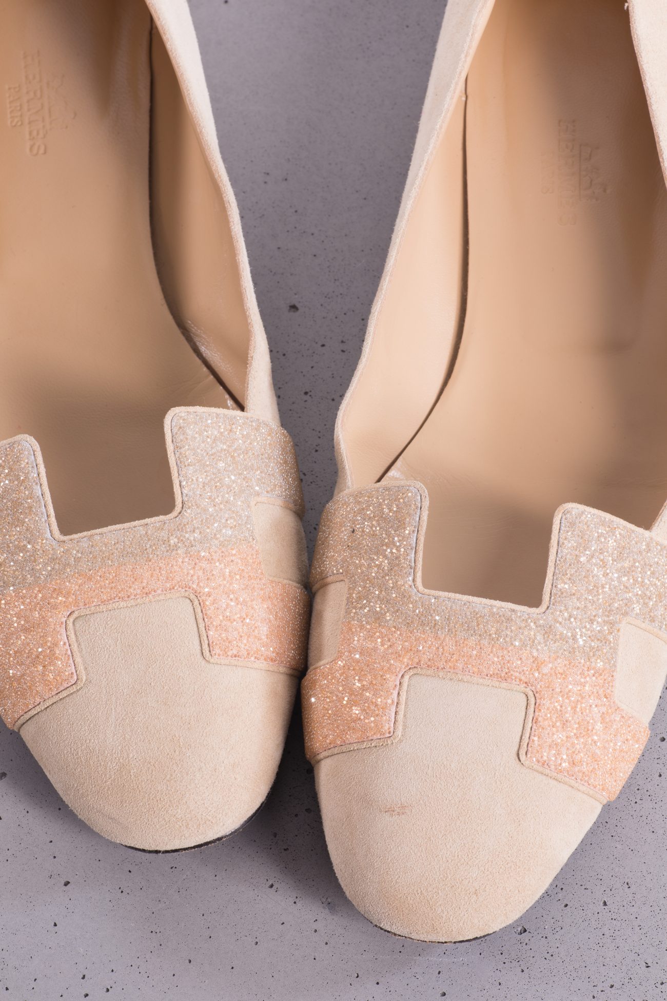 Hermes Beige suede and crystal powder Nice ballet flats