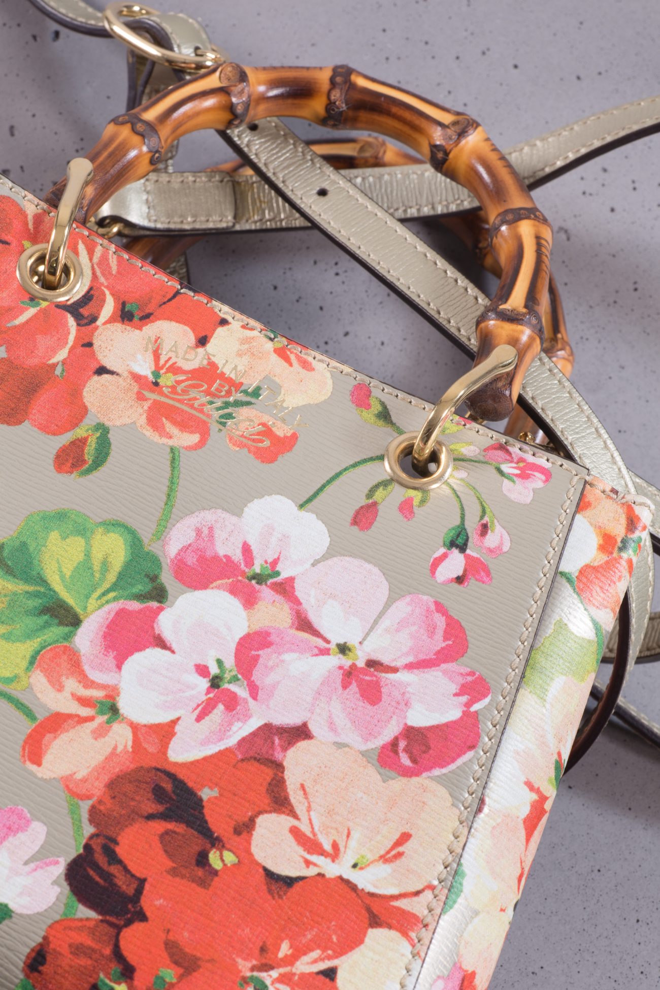 Gucci Multicolor printed blooms leather mini bamboo tote