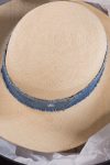 Chanel Beige blue denim trim raffia straw Fedora