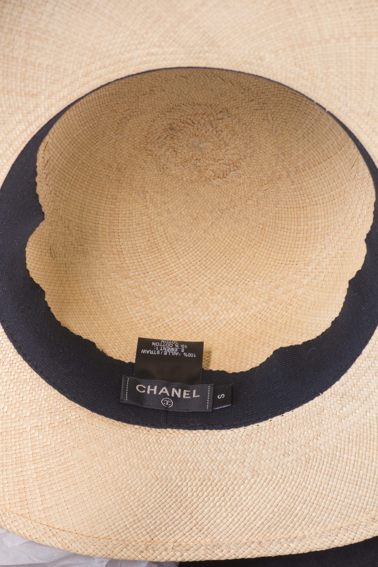 Chanel Beige blue denim trim raffia straw Fedora