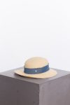 Chanel Beige blue denim trim raffia straw Fedora