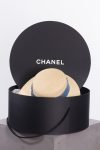 Chanel Beige blue denim trim raffia straw Fedora