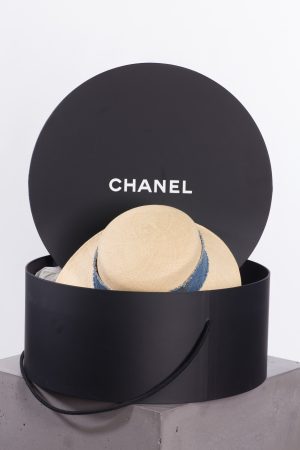 Chanel Beige blue denim trim raffia straw Fedora