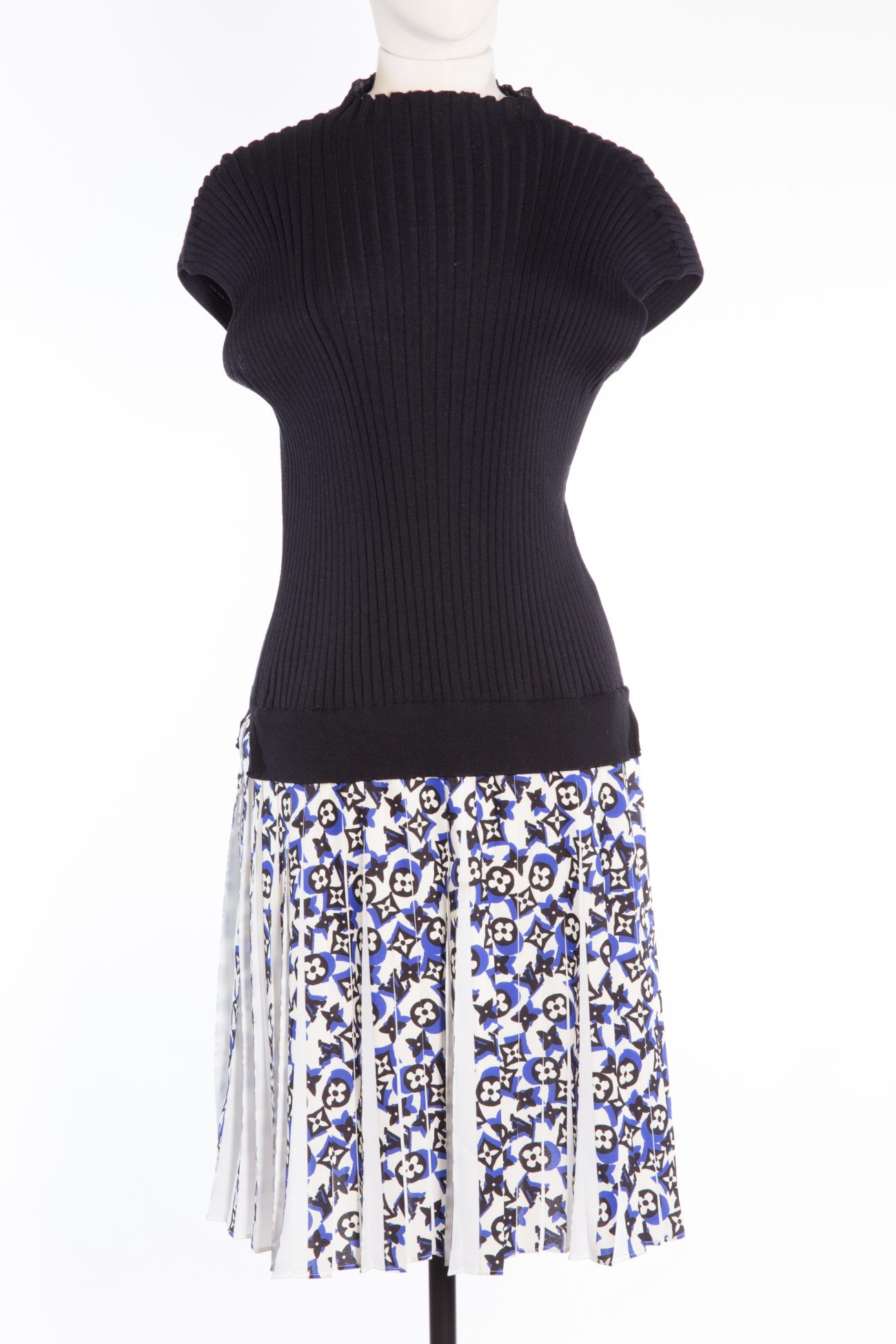 Louis Vuitton Black wool & print silk sleeveless dress