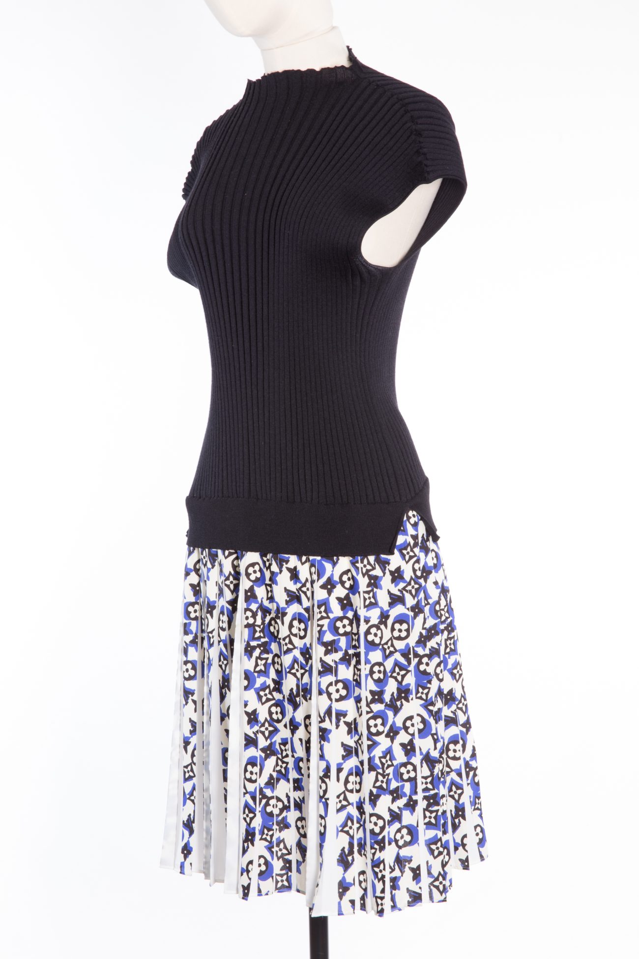 Louis Vuitton Black wool & print silk sleeveless dress