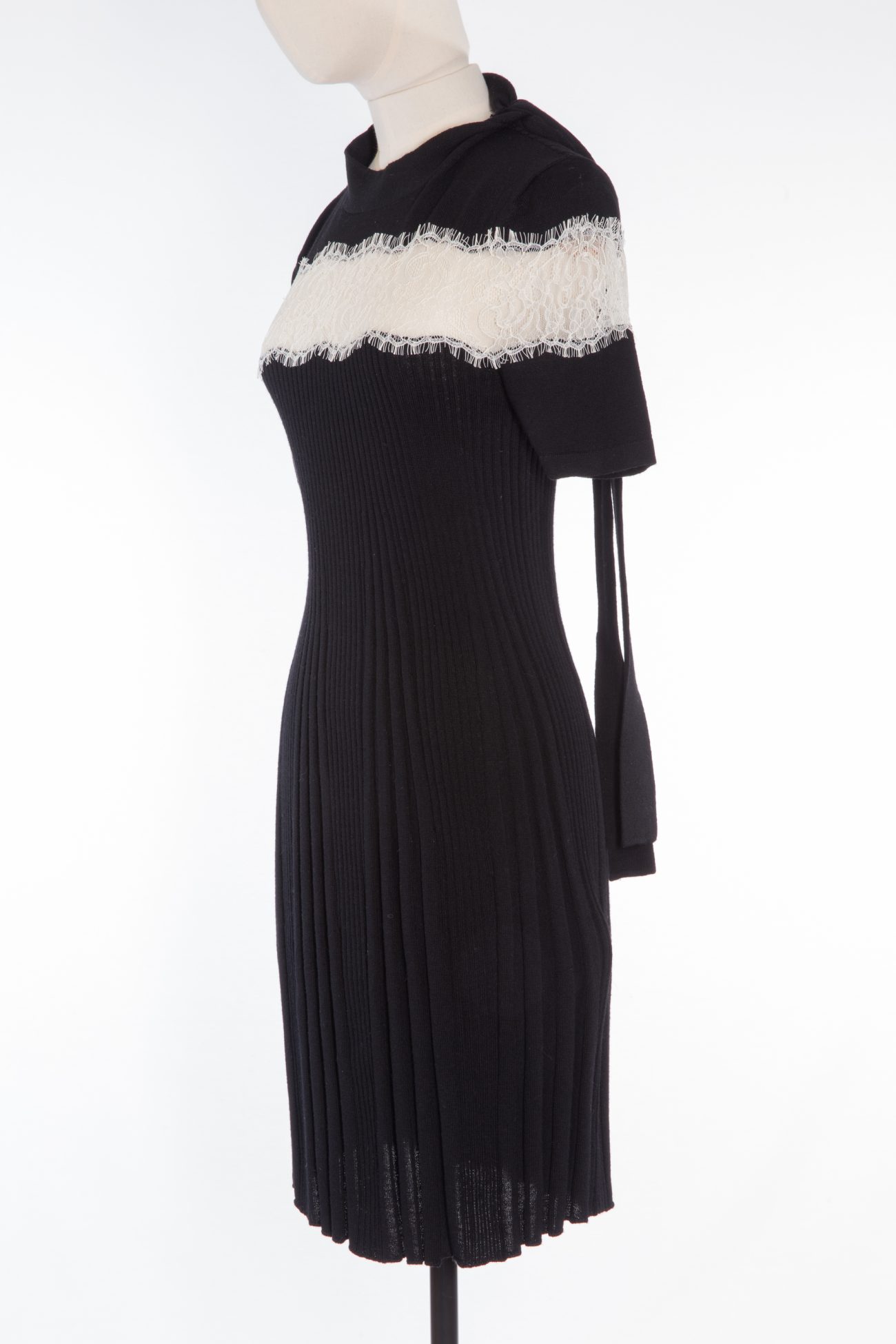 Valentino Lace-paneled ribbed wool mini dress