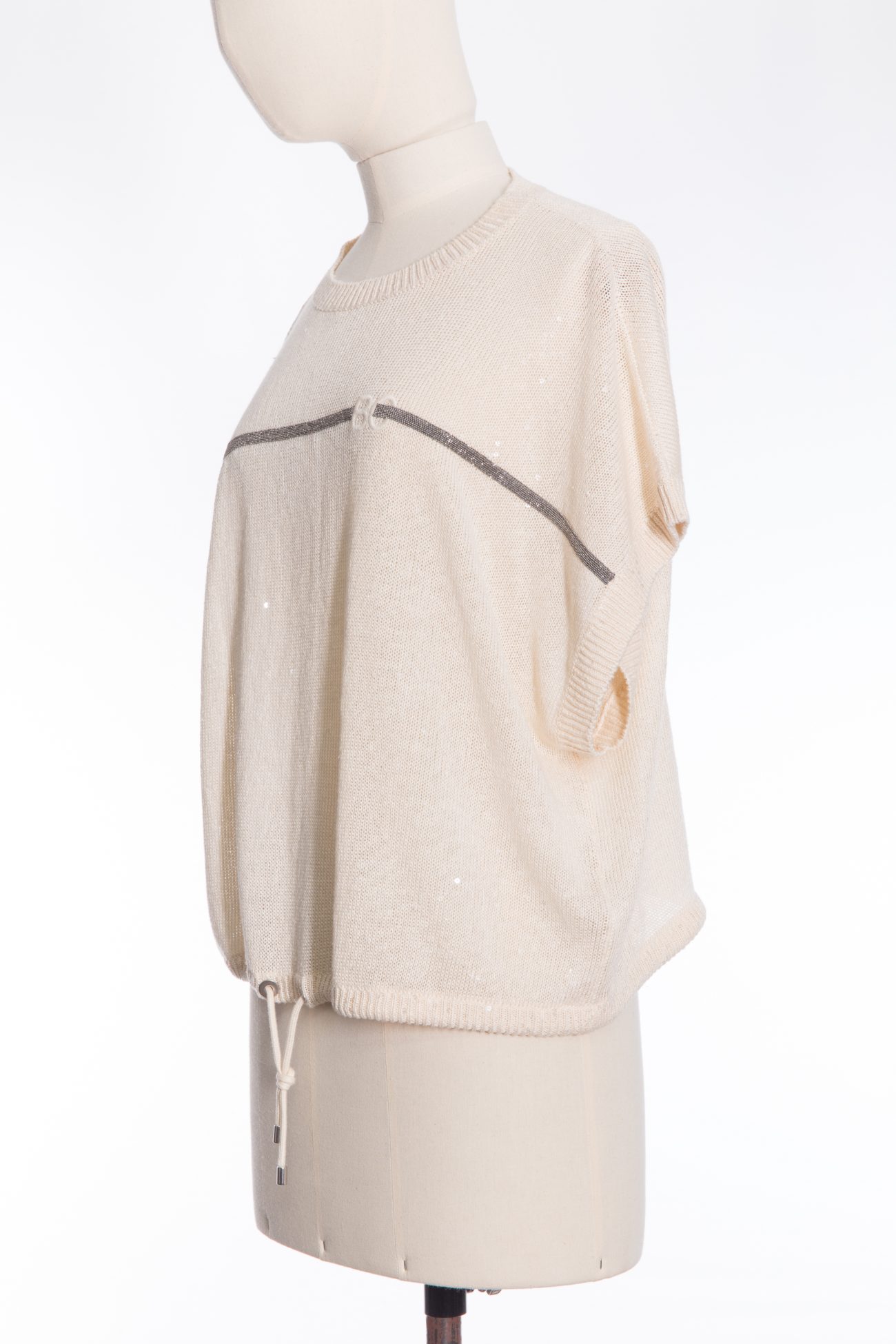 Brunello Cucinelli Linen round neck sweater with sequins and Monili beads