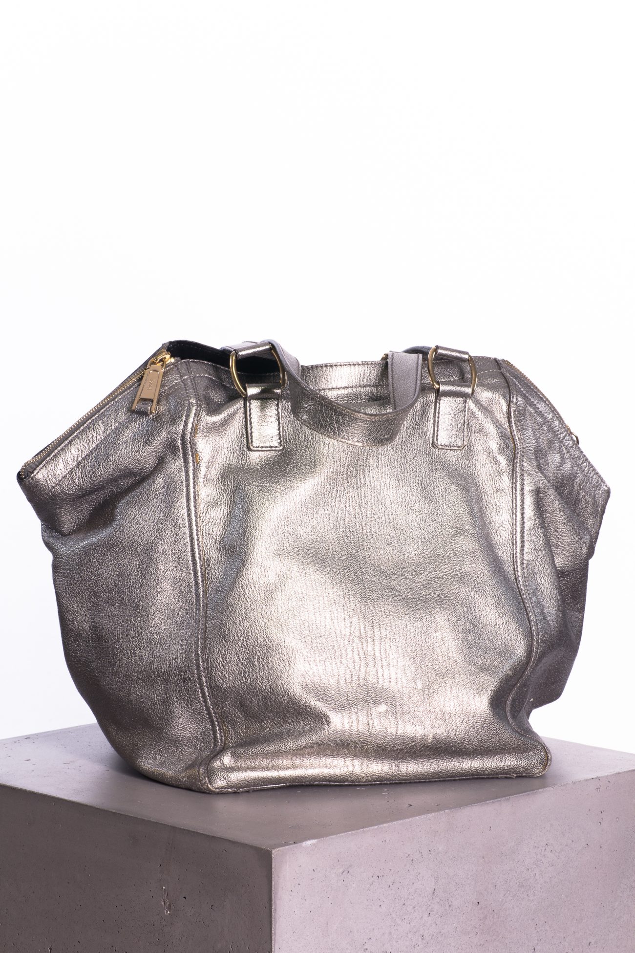 Yves Saint Laurent Calfskin Downtown tote in silver