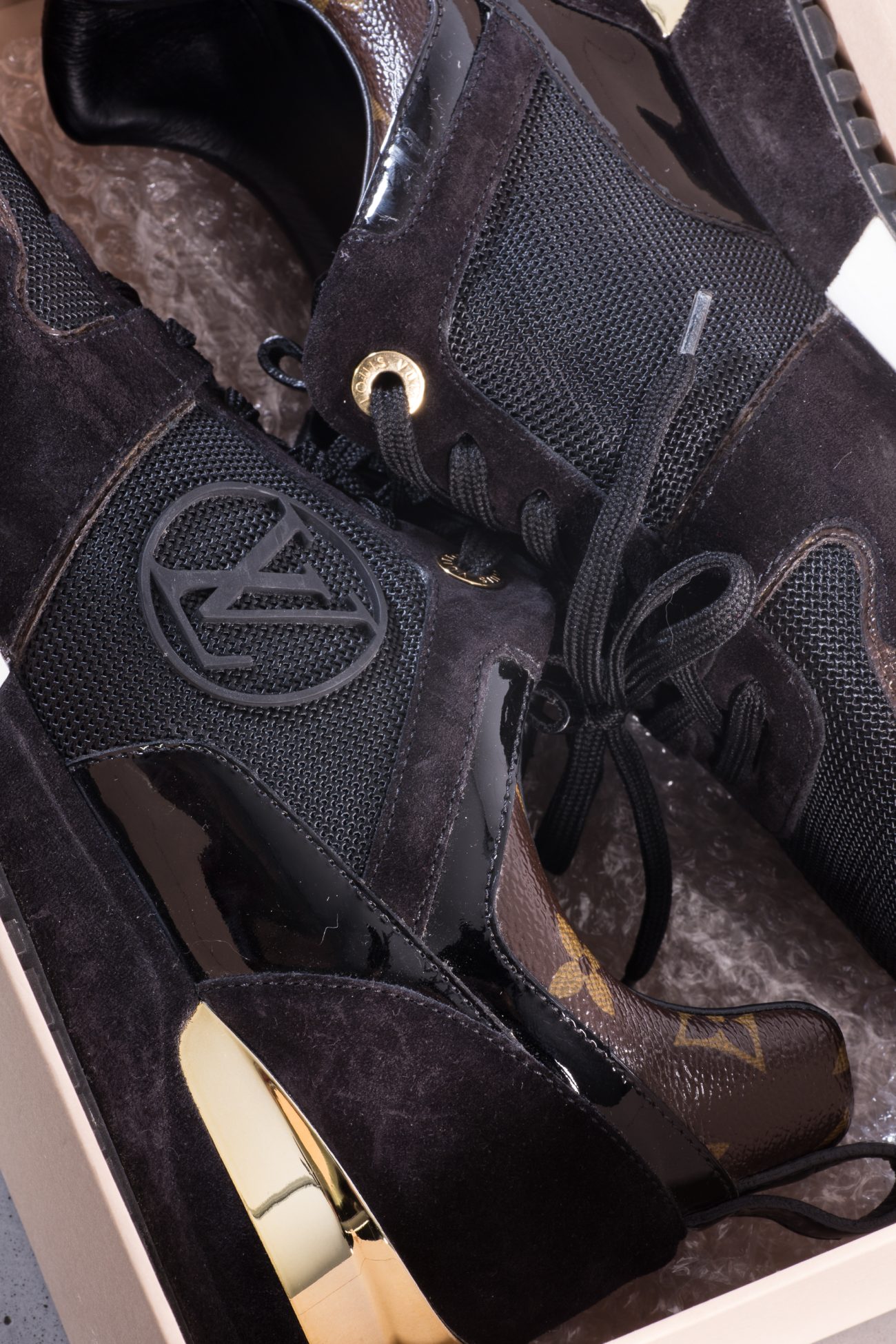 Louis Vuitton Black/brown leather, mesh and monogram canvas run away sneakers