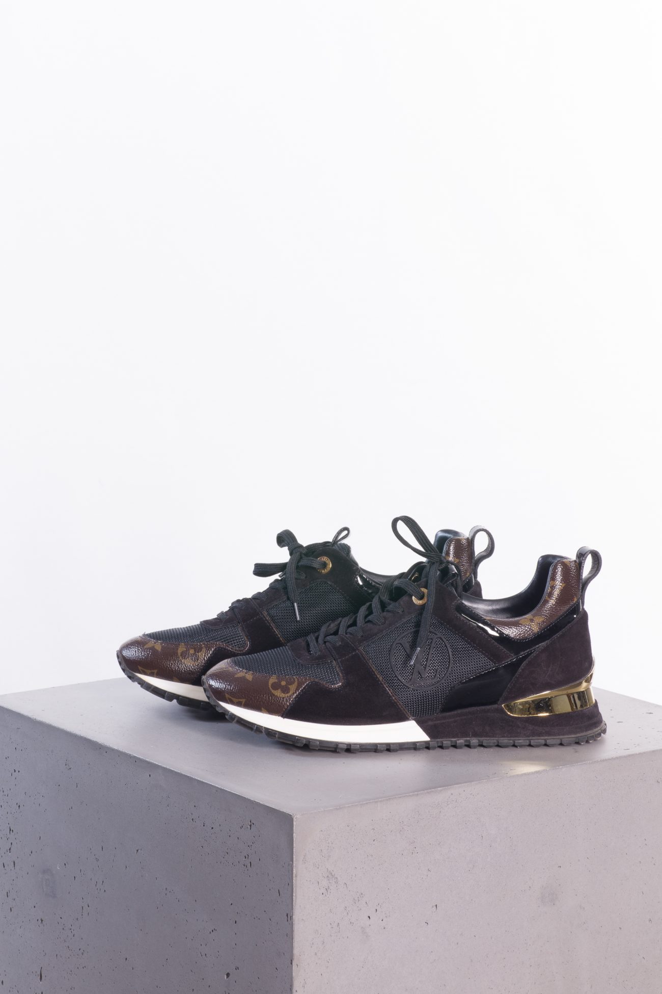 Louis Vuitton Black/brown leather, mesh and monogram canvas run away sneakers