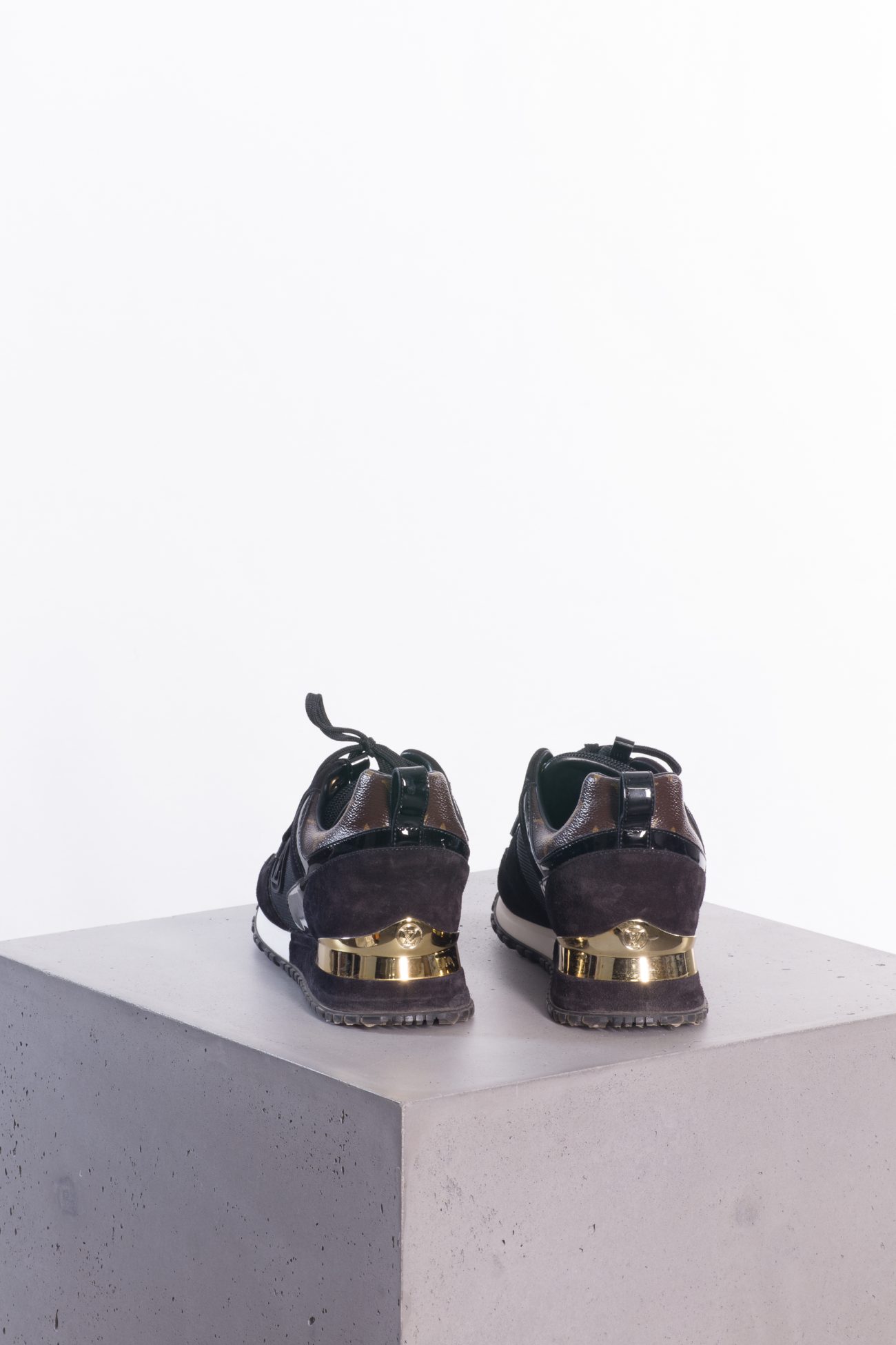 Louis Vuitton Black/brown leather, mesh and monogram canvas run away sneakers