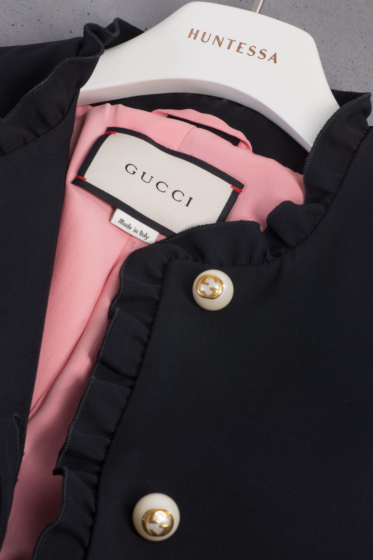 Gucci Pearl buttons and ruffle trim collared jacket