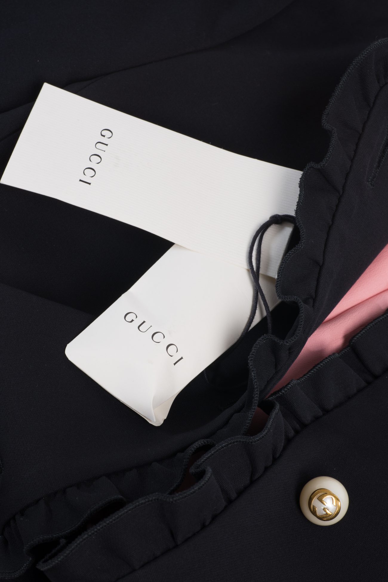 Gucci Pearl buttons and ruffle trim collared jacket