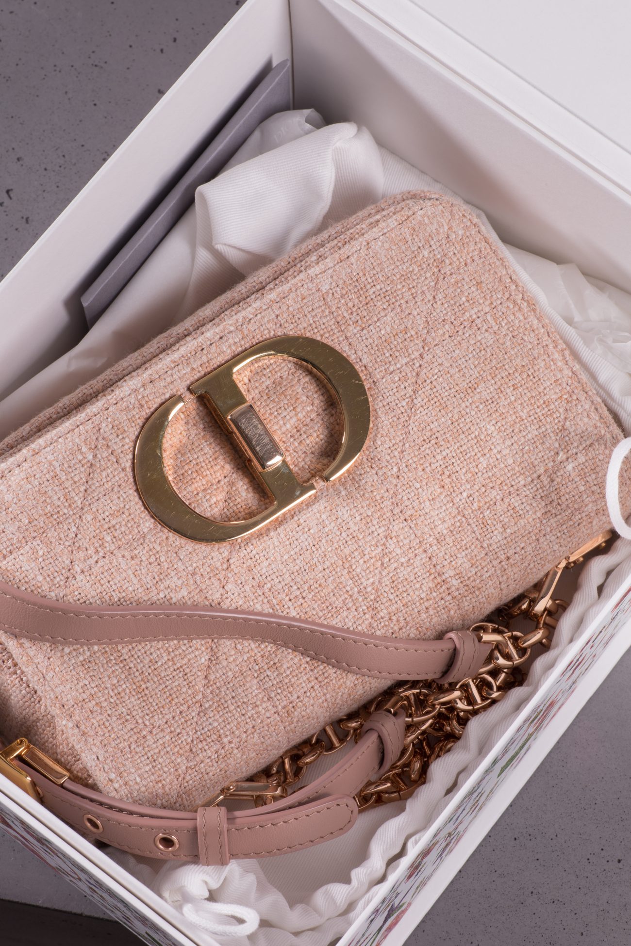 Christian Dior Linen macrocannage small Caro bag rose