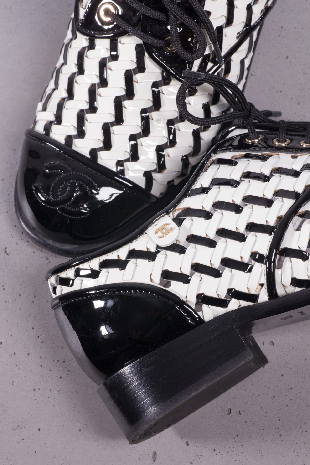 Chanel Braided in black and white patent leather loafers