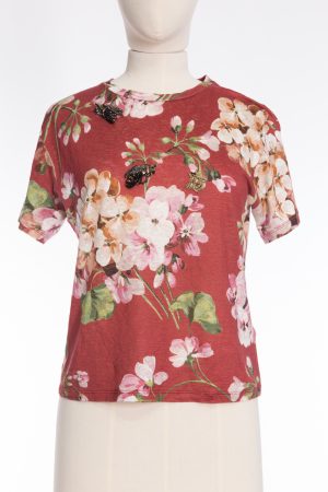 Gucci Burgundy floral print linen t-shirt