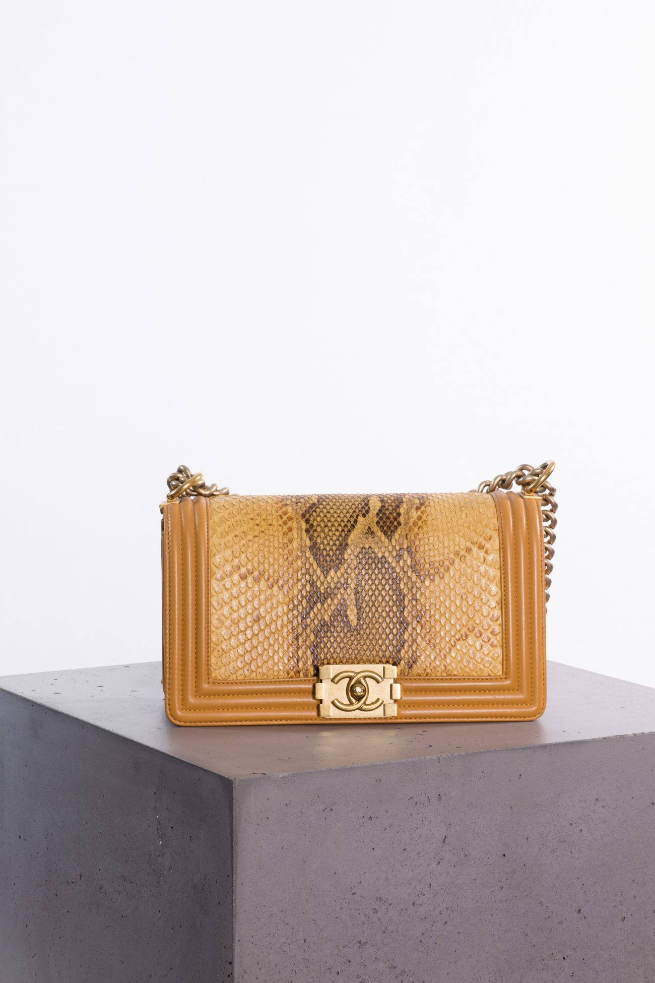 Chanel Python and calfskin medium Boy bag aged gold hardware