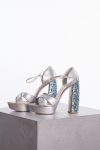 Miu Miu Metallic silver leather turquoise embellished block heel ankle strap platform sandals