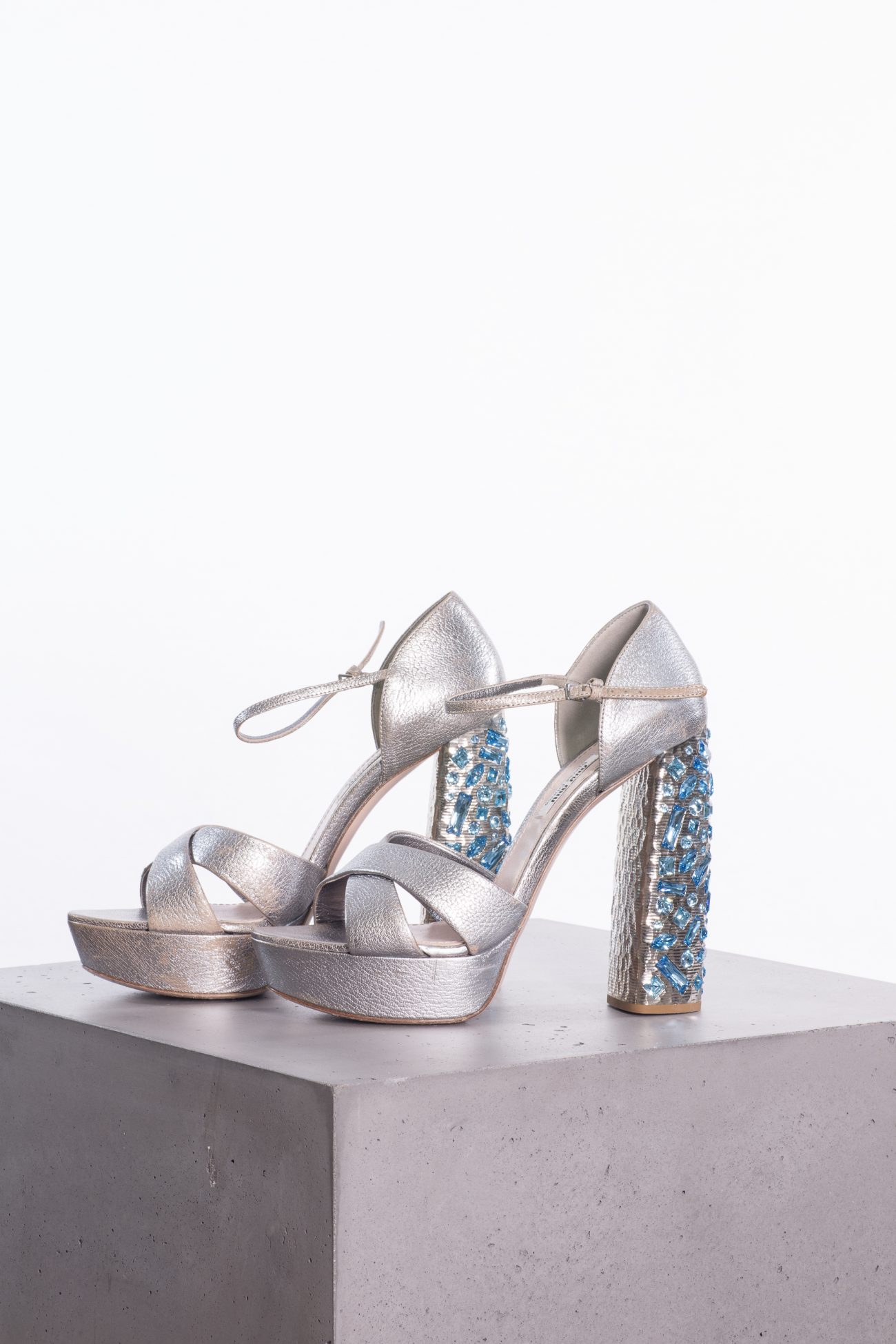 Miu Miu Metallic silver leather turquoise embellished block heel ankle strap platform sandals
