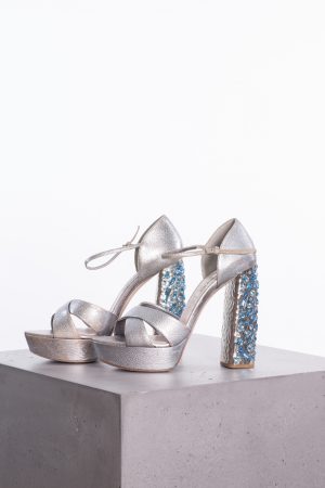 Miu Miu Metallic silver leather turquoise embellished block heel ankle strap platform sandals