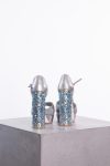 Miu Miu Metallic silver leather turquoise embellished block heel ankle strap platform sandals