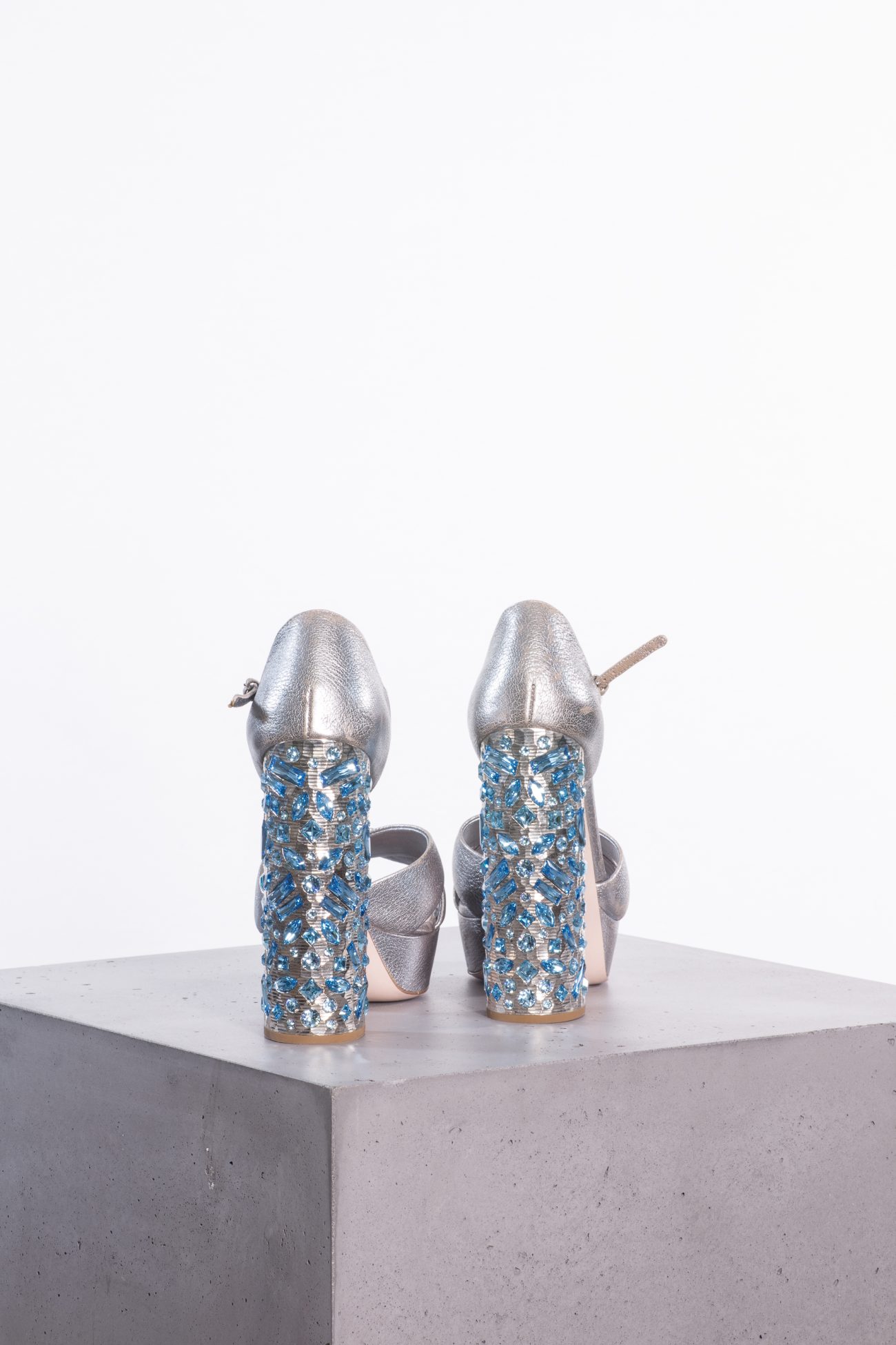 Miu Miu Metallic silver leather turquoise embellished block heel ankle strap platform sandals
