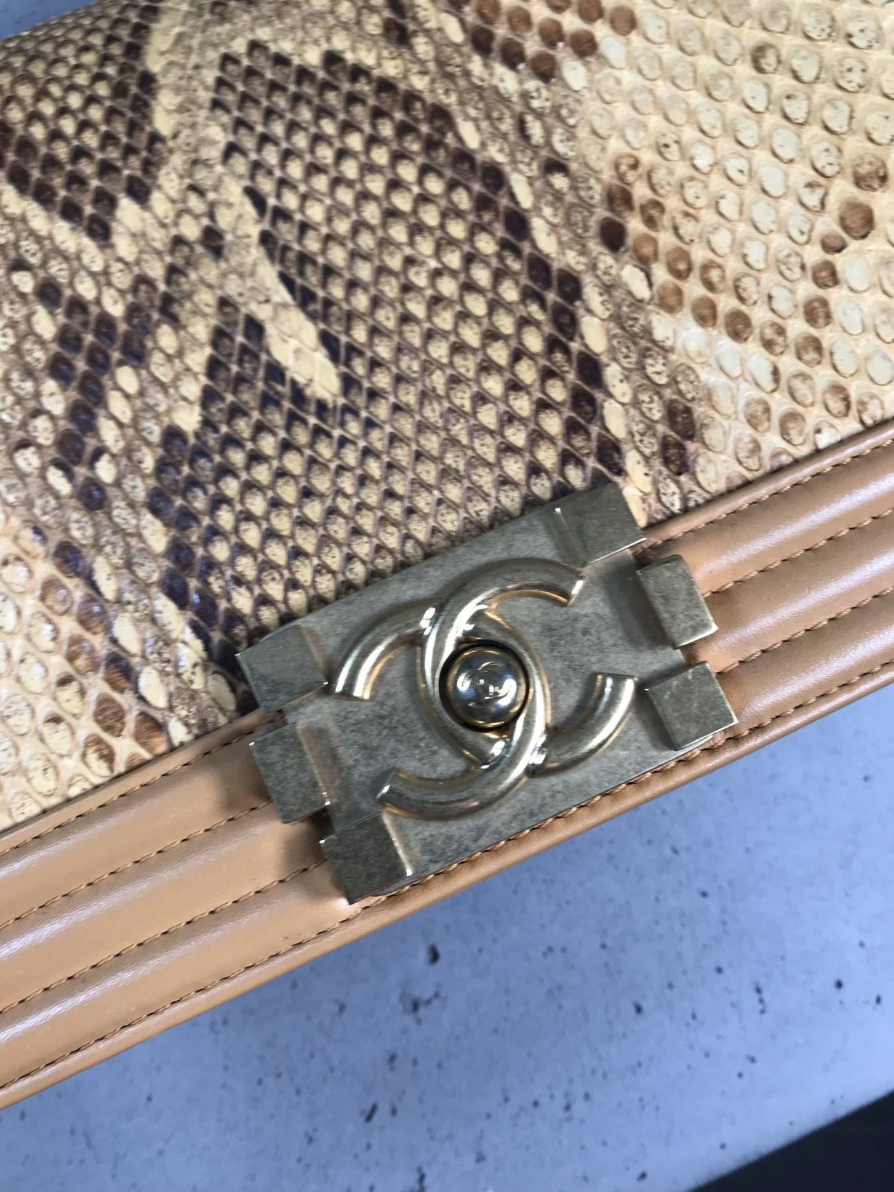 Chanel Python and calfskin medium Boy bag aged gold hardware
