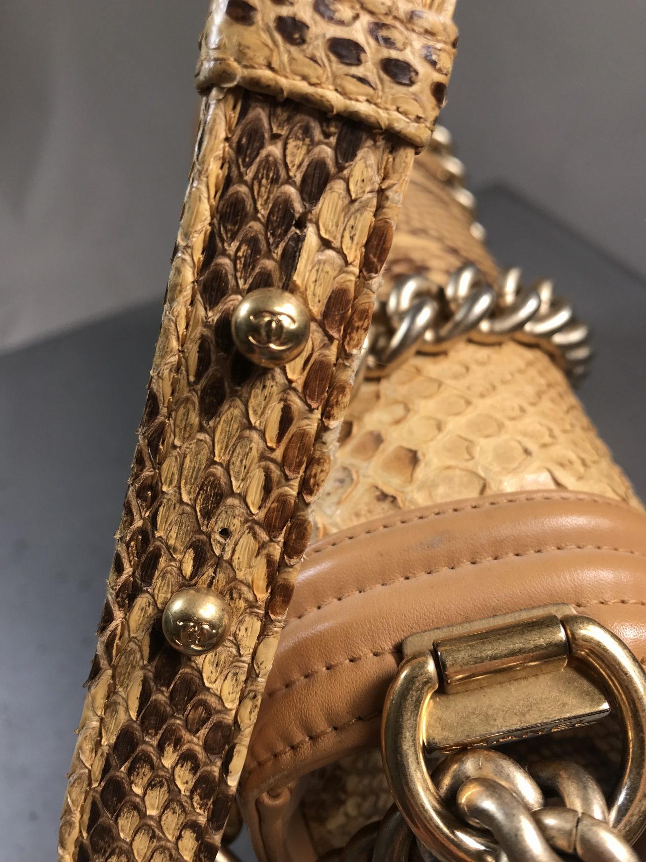 Chanel Python and calfskin medium Boy bag aged gold hardware