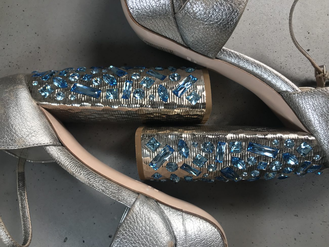 Miu Miu Metallic silver leather turquoise embellished block heel ankle strap platform sandals