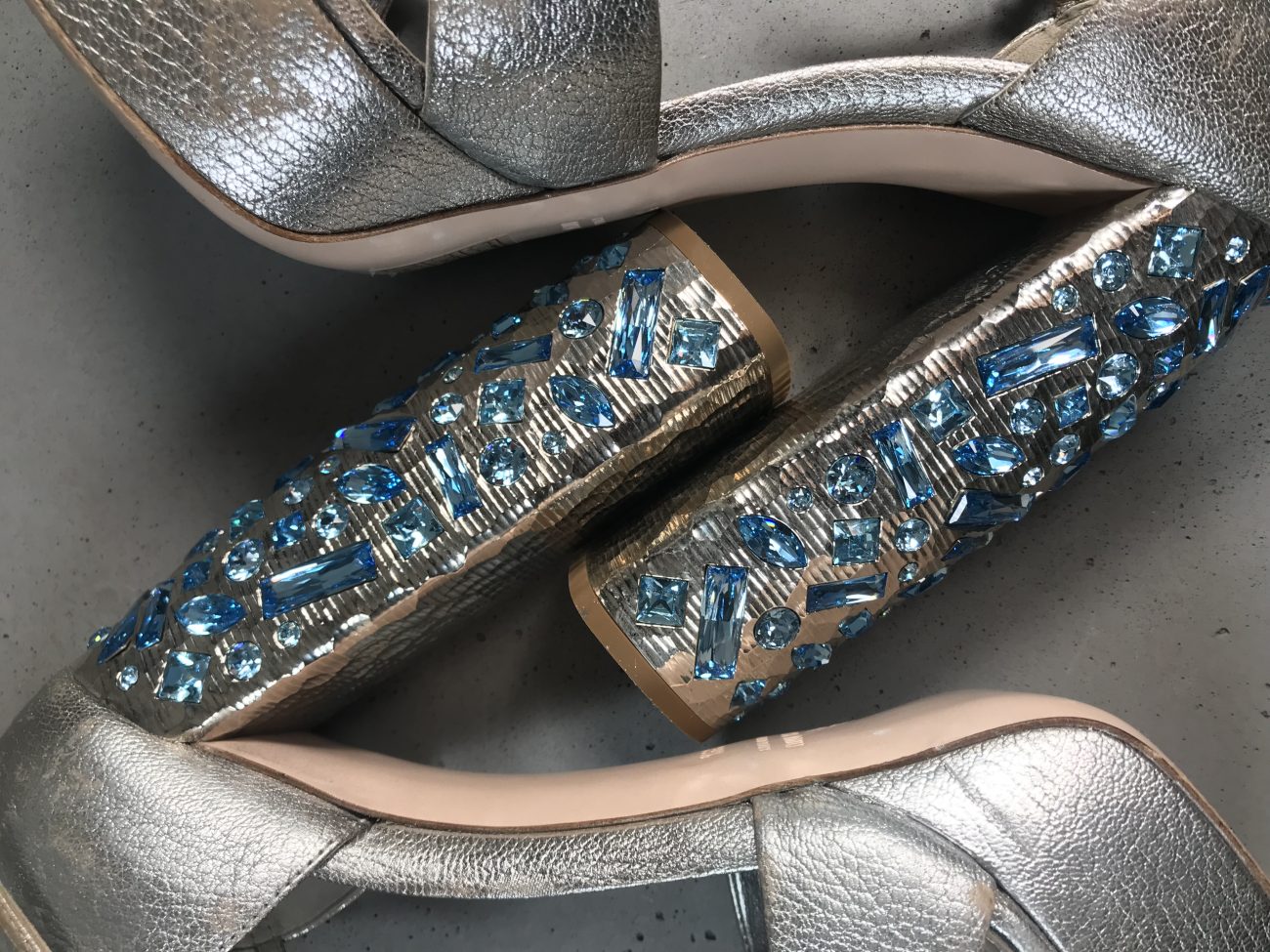 Miu Miu Metallic silver leather turquoise embellished block heel ankle strap platform sandals