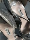 Miu Miu Metallic silver leather turquoise embellished block heel ankle strap platform sandals