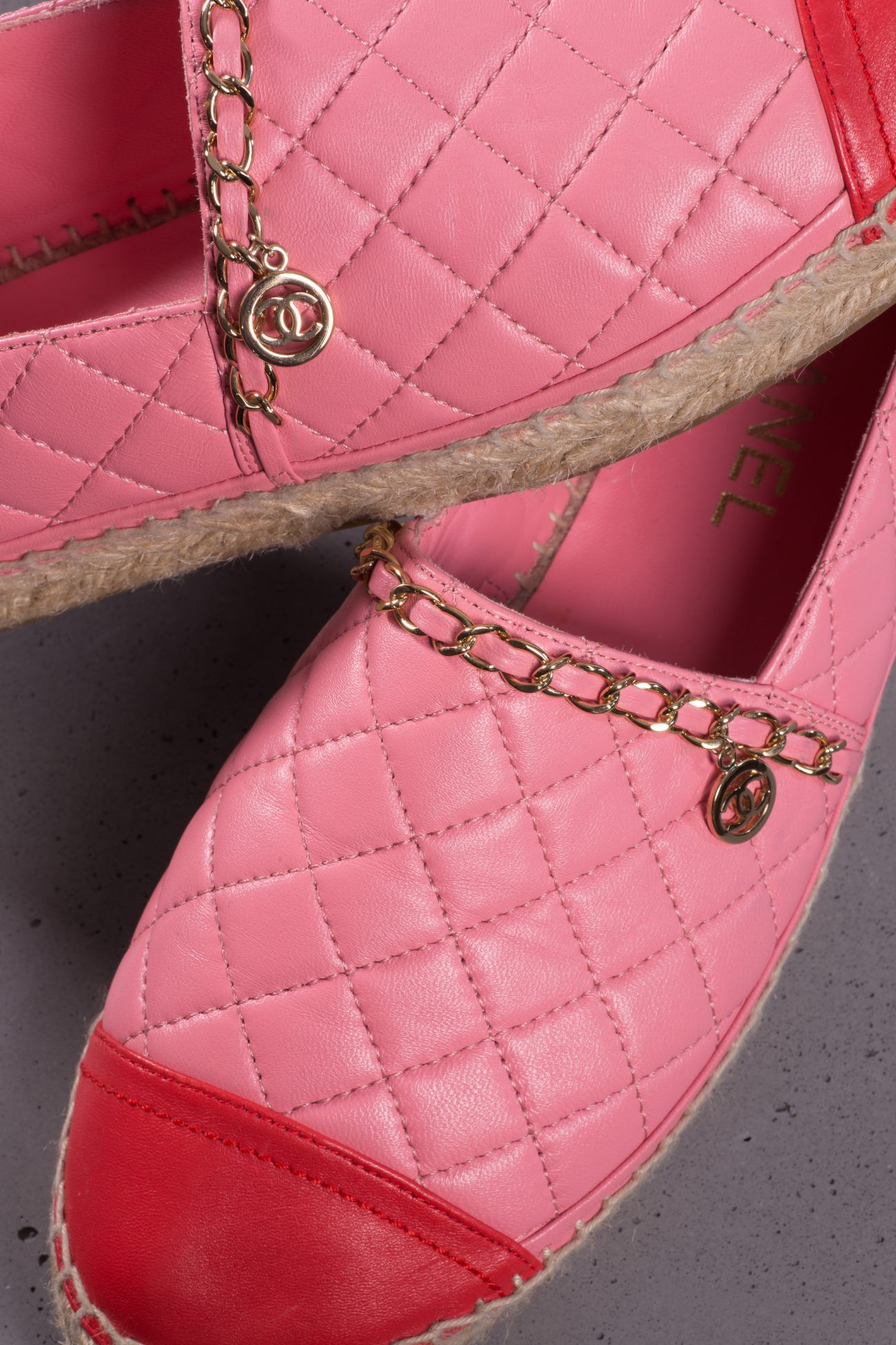 Chanel Lambskin quilted CC chain espadrilles pink red