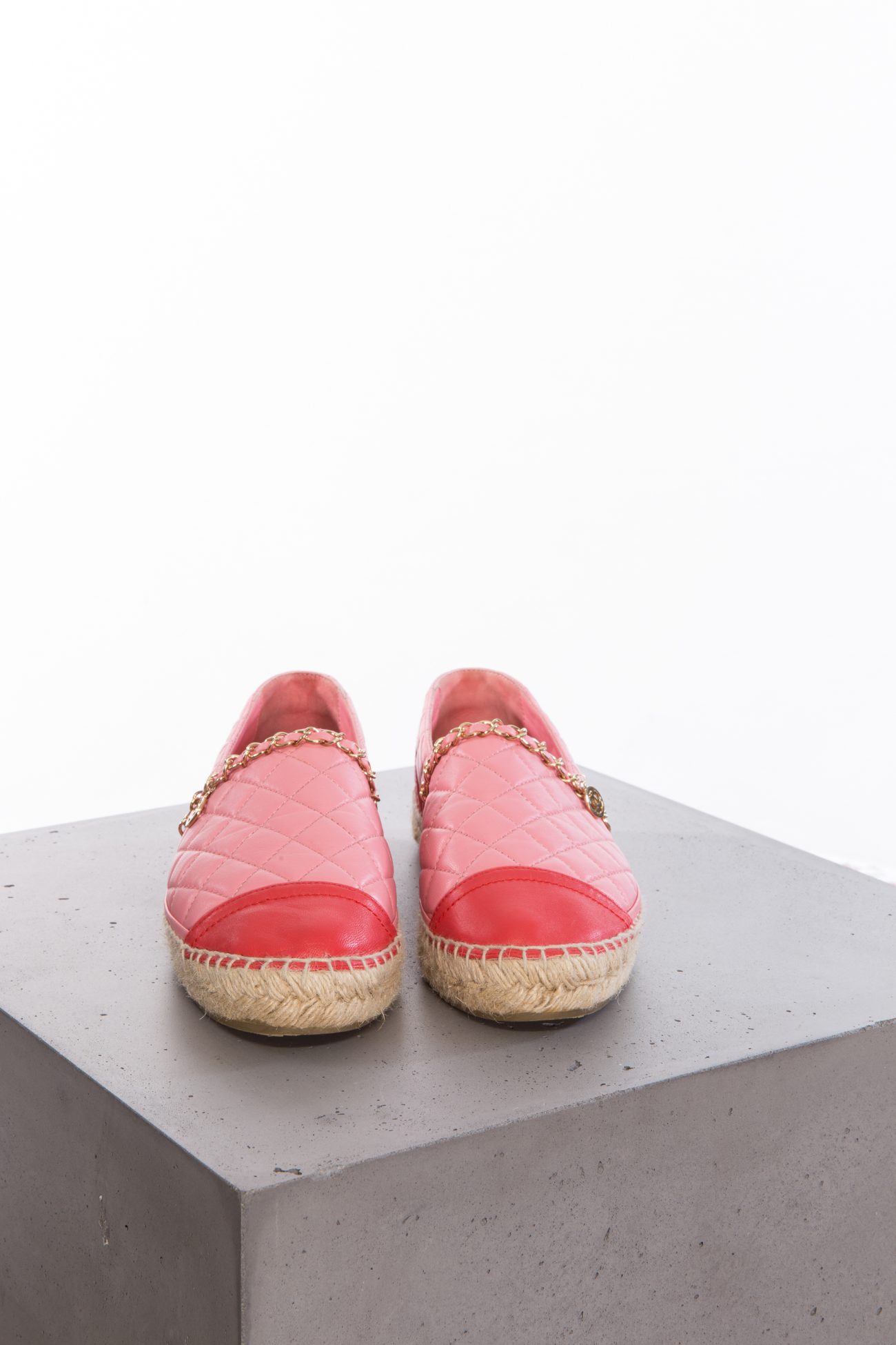Chanel Lambskin quilted CC chain espadrilles pink red