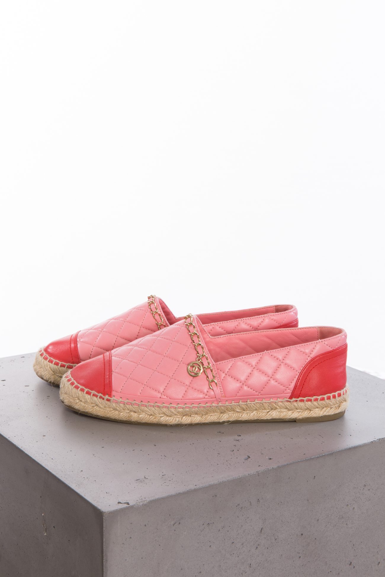 Chanel Lambskin quilted CC chain espadrilles pink red