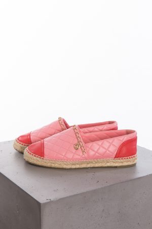 Chanel Lambskin quilted CC chain espadrilles pink red