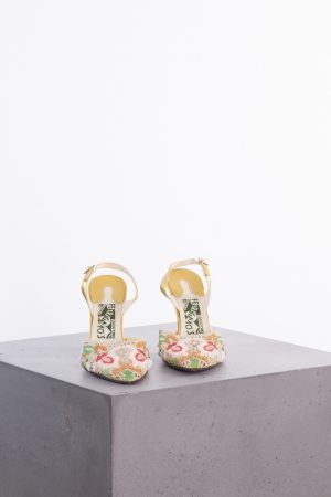 1955 very rare Salvatore Ferragamo “The Madonna” heel- Gold kid Leather with beaded Tavarnelle lace embroidery